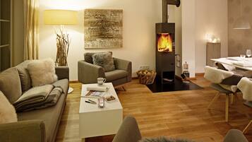 TV, fireplace, table tennis, books