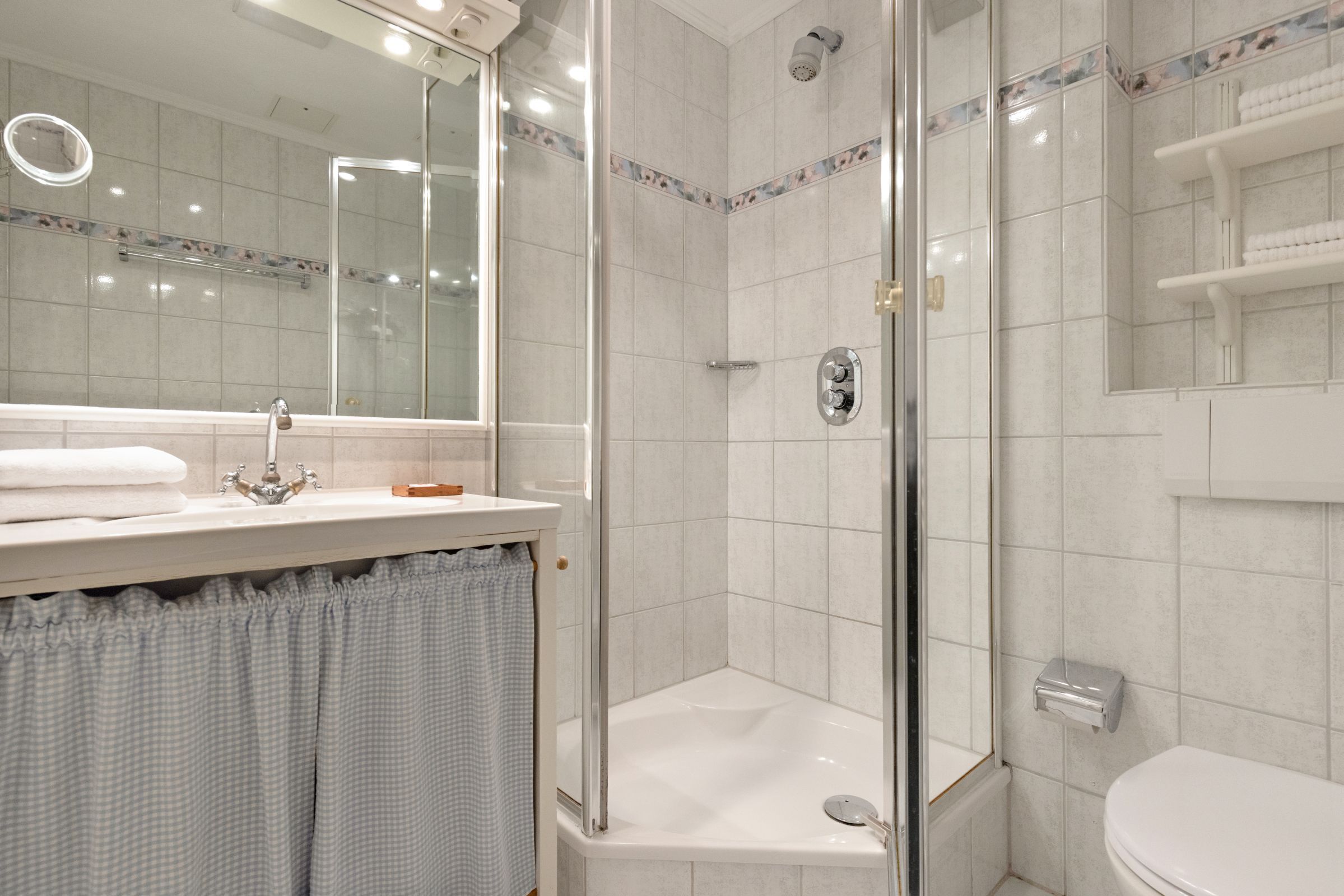 A bathroom with a glass-enclosed shower, a sink with a mirror, and a toilet.