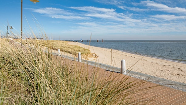 Ein Küstenweg mit einer Lampe und Gras im Vordergrund, der zu einem Sandstrand mit dem Meer im Hintergrund führt.
