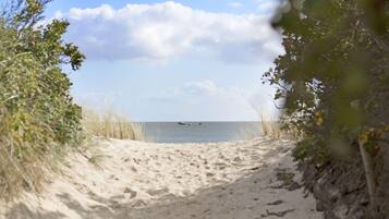 A sandy beach path leading to the sea with sparse vegetation on either side.