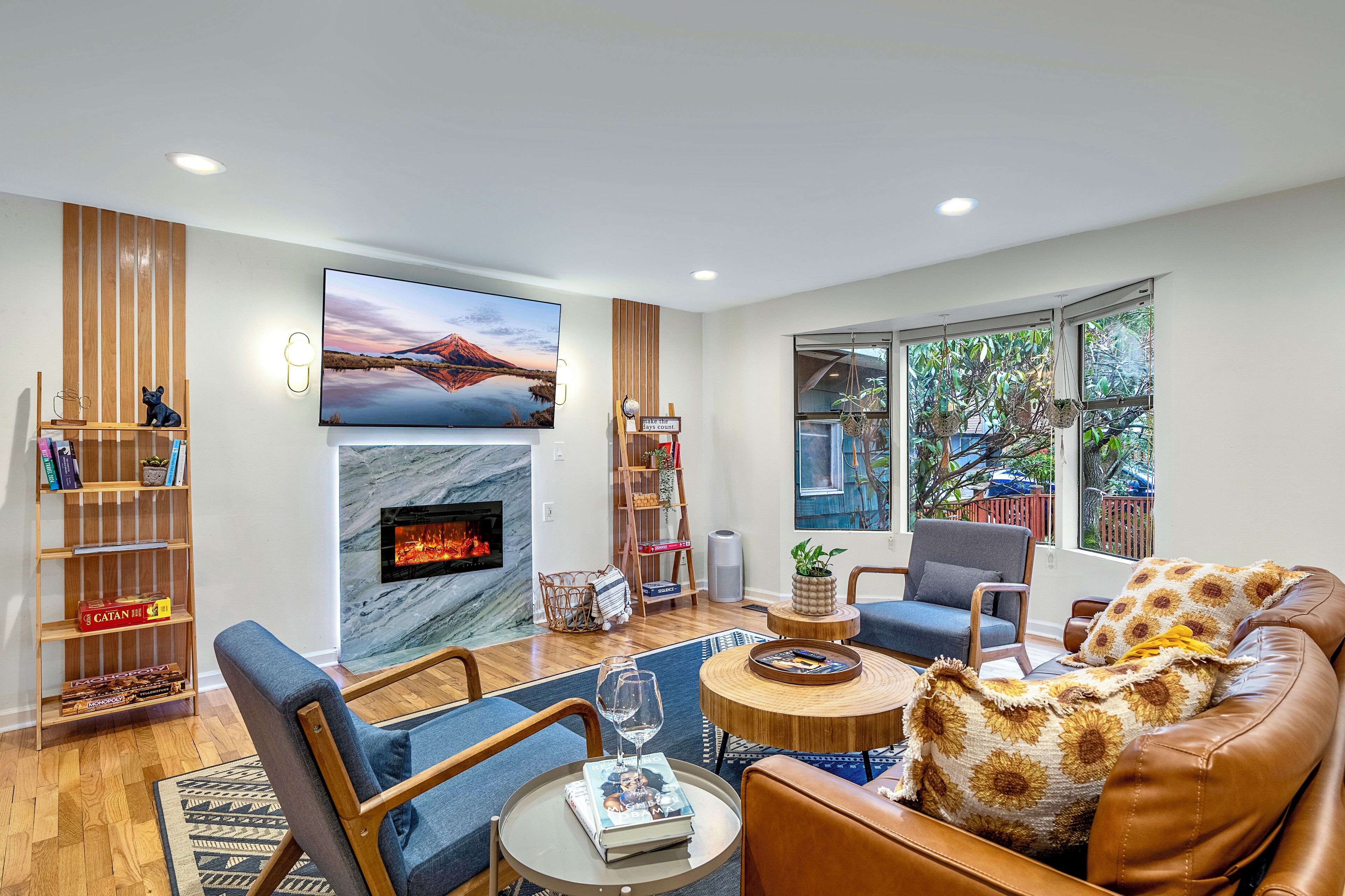 Smart TV, fireplace, books, computer monitors