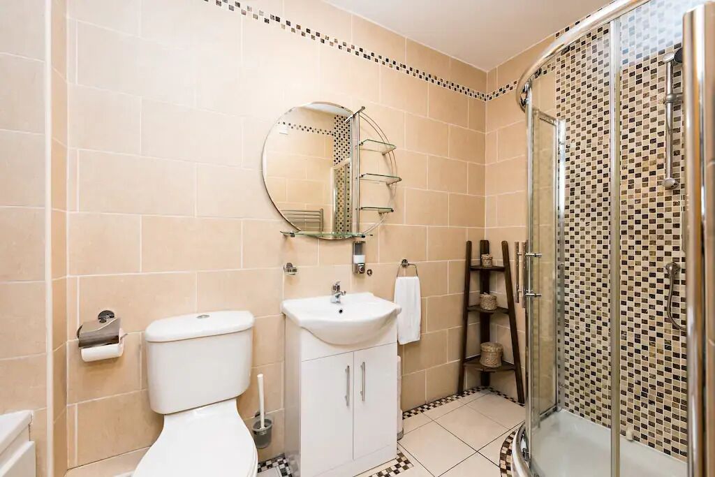 Hair dryer, towels, soap, shampoo