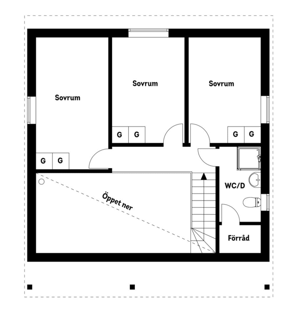 A floor plan with three bedrooms, two bathrooms, a WC/D, and a living area.