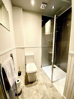Shower, hair dryer, shampoo