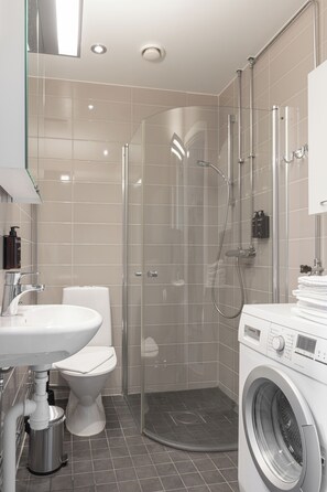 Shower, hair dryer, towels