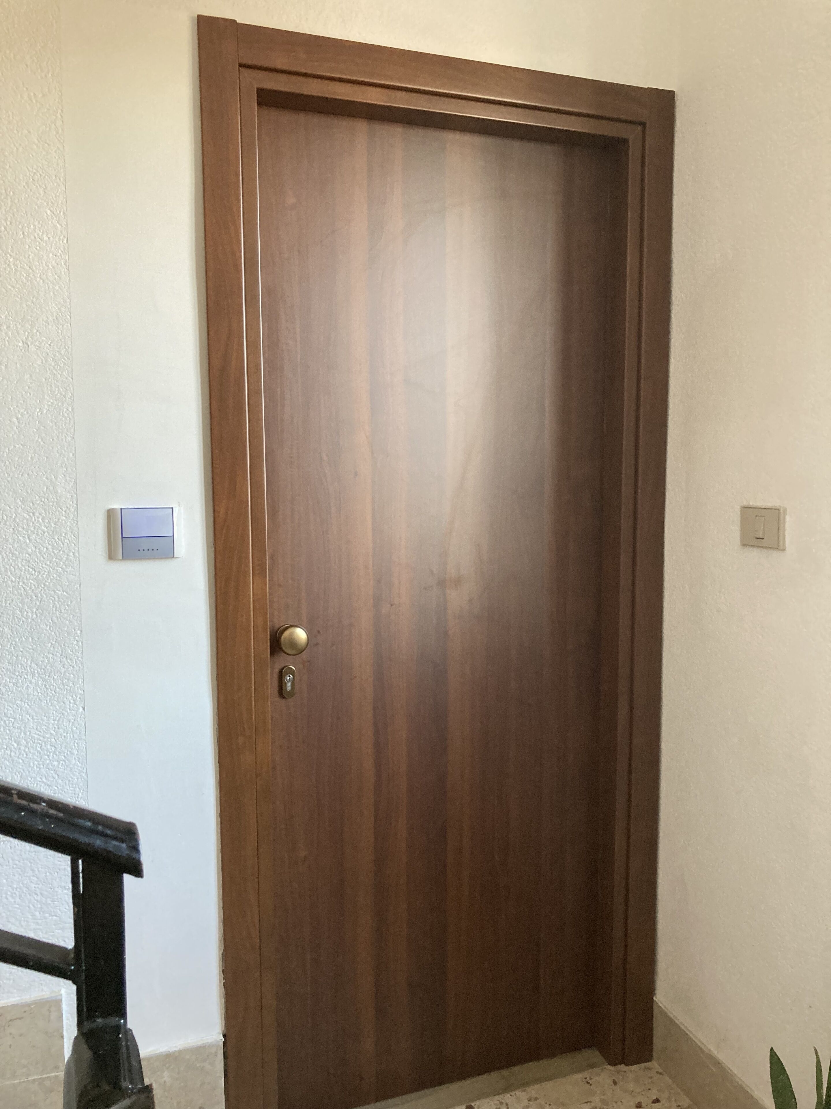 A closed wooden door with a brass doorknob and a keyhole, set in a hallway with white walls and a small potted plant to the right.
