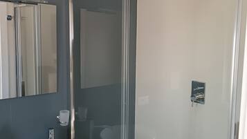 A modern bathroom with a glass shower enclosure, a white sink, and a large mirror.