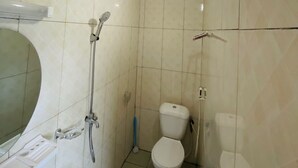 Une salle de bain avec des toilettes, une douche et un lavabo.