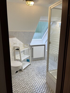 Dusche, Haartrockner, Seife, Toilettenpapier