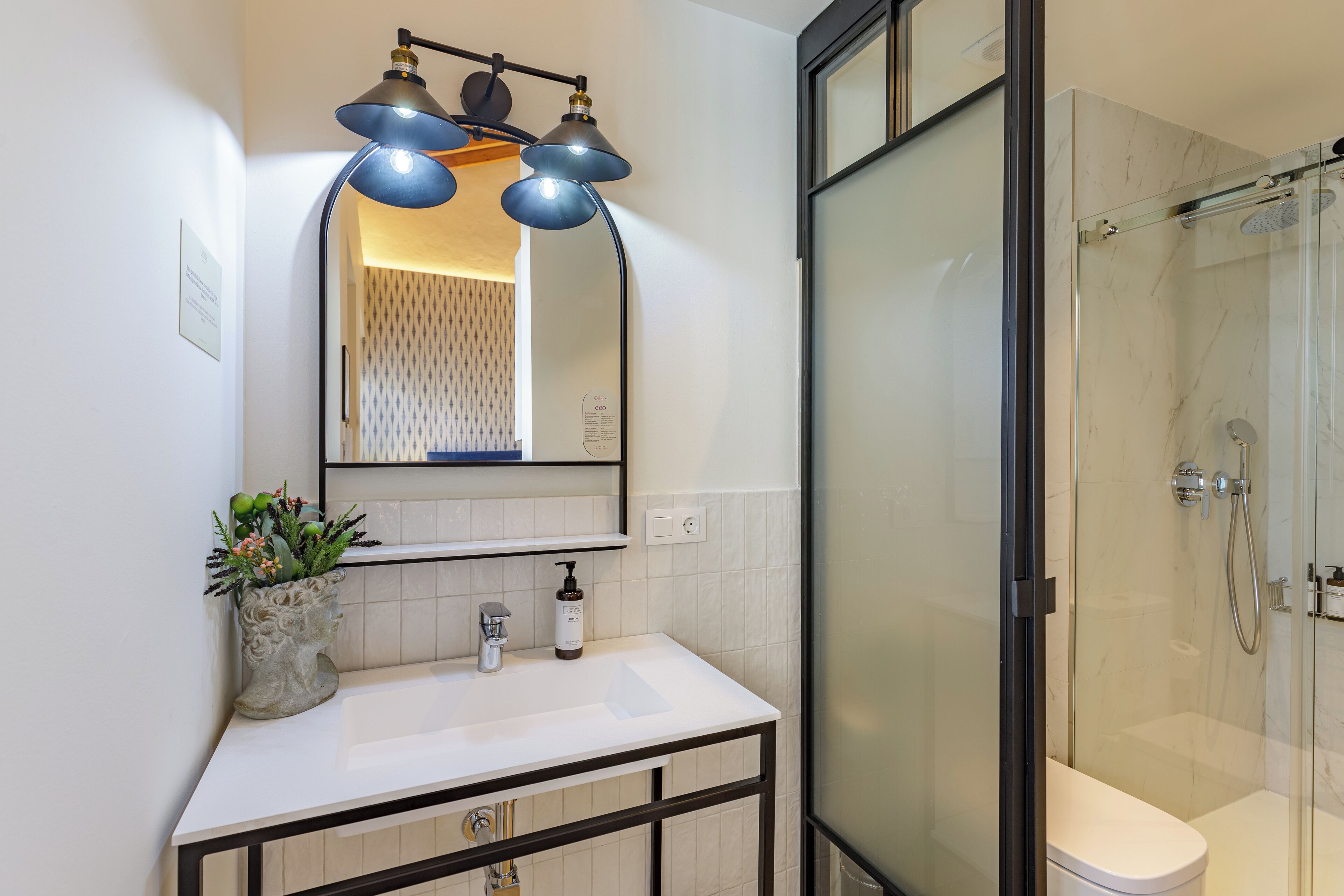 A bathroom with a white sink, a mirror with three lights, a shower with a glass door, and a potted plant on the counter.