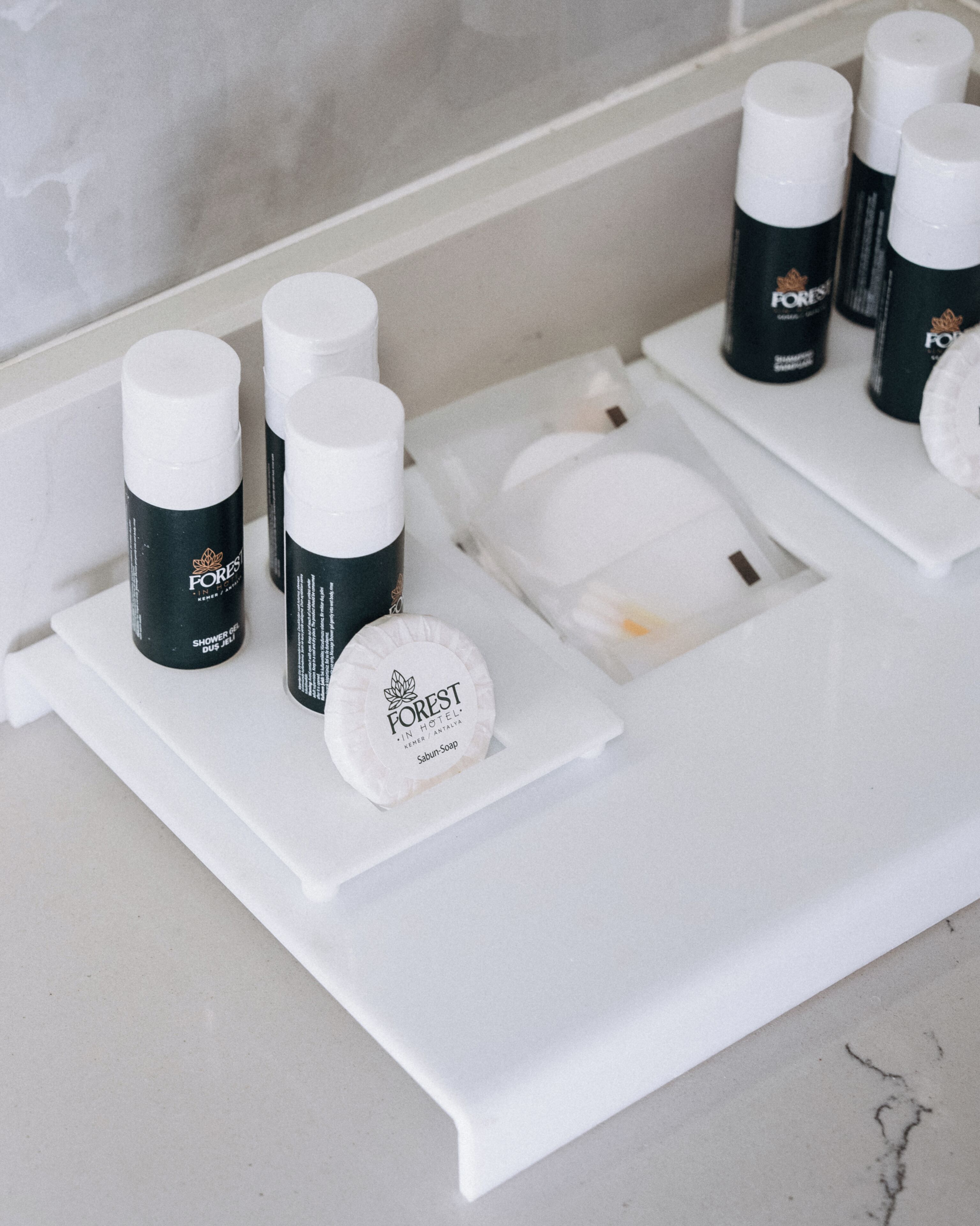 A bathroom shelf with toiletries including a soap bar, a toothbrush, and several bottles.