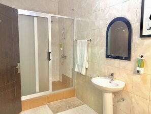 Regadera, bidet, toallas, jabón