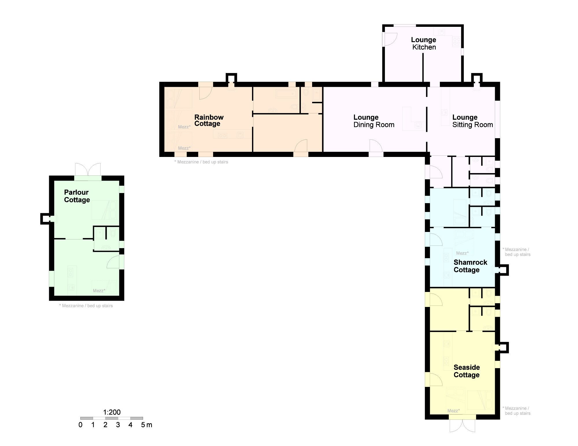 A floor plan of a hotel with three cottages (Rainbow, Parlour, and Shamrock) and a lounge area. Each cottage has a mezzanine or bed-up stairs.