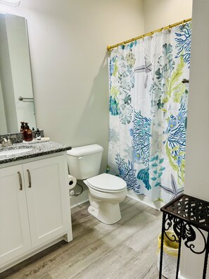 Hair dryer, towels, soap, toilet paper