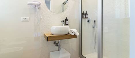 Shower, hair dryer, bidet, towels