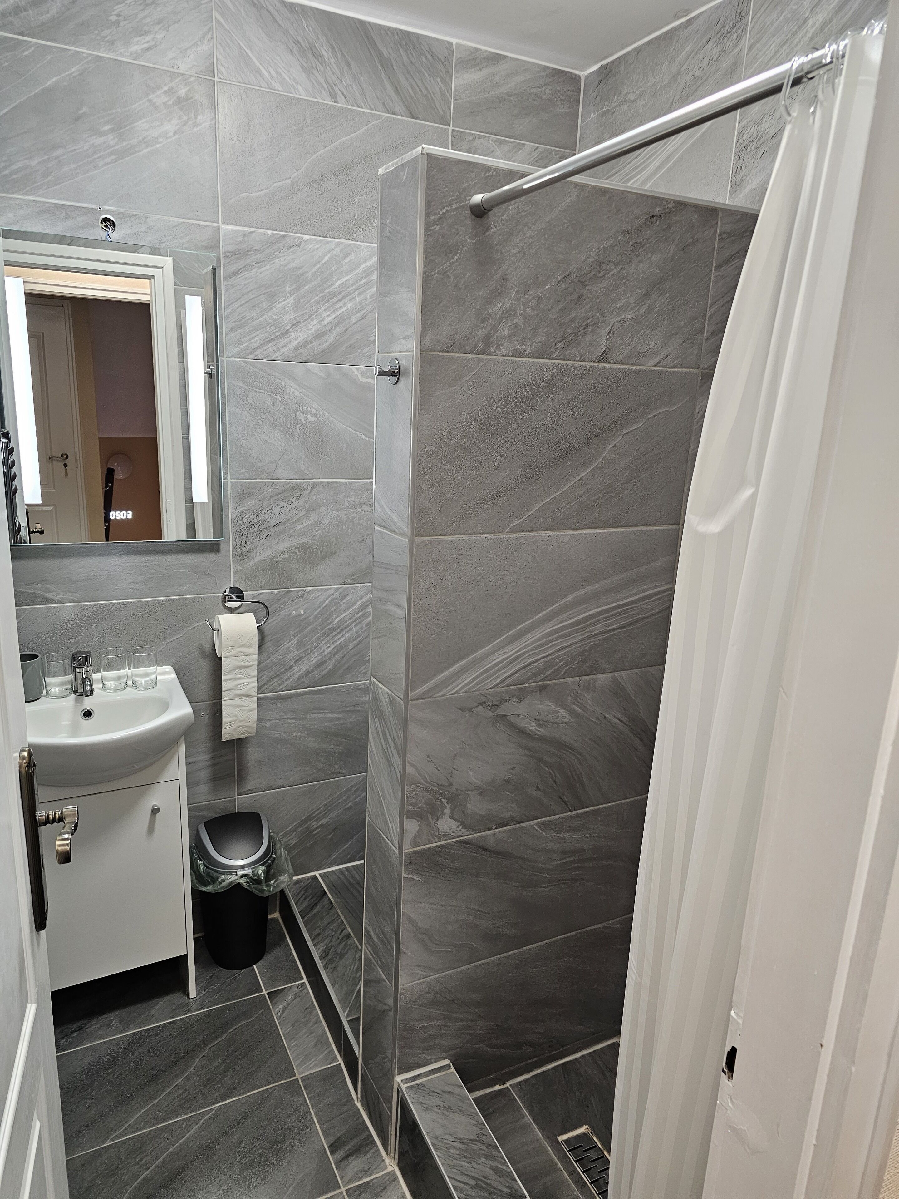 A modern bathroom with a shower, sink, and mirror.