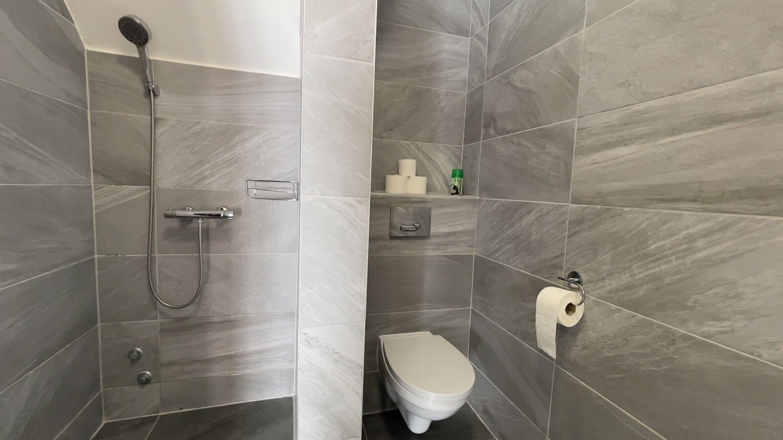 A modern bathroom with a shower, toilet, and storage shelves.