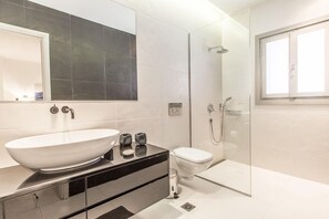 Douche, douche hydromassante, sèche-cheveux, serviettes fournies