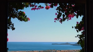 A view through a window with pink flowers framing a coastal landscape. - Villa Lindos Star in Rodos with pool (Rhodes)