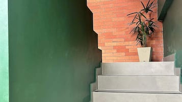Un escalier avec un mur vert d’un côté et un mur de briques de l’autre, menant à un palier où est placée une plante en pot.