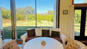 A dining area with a round table, cushioned chairs, and a view of a garden through large windows.