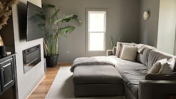 Smart TV, chimenea, libros y biblioteca musical