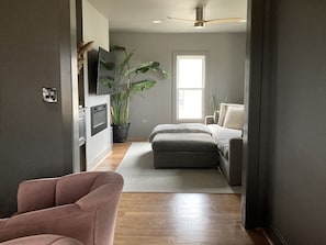 Smart TV, fireplace, books, music library