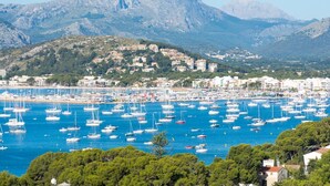 Una marina con numerosi aliscafi ormeggiati, una cittadina costiera con edifici e montagne sullo sfondo.