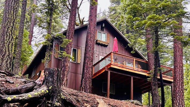 A cabin with a wooden deck, surrounded by tall trees and a fallen tree trunk.