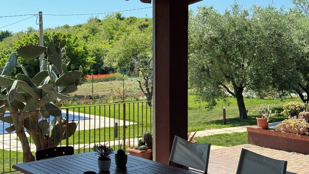Un patio con una mesa y sillas, rodeado de plantas en macetas y vistas a un jardín con cactus y árboles.