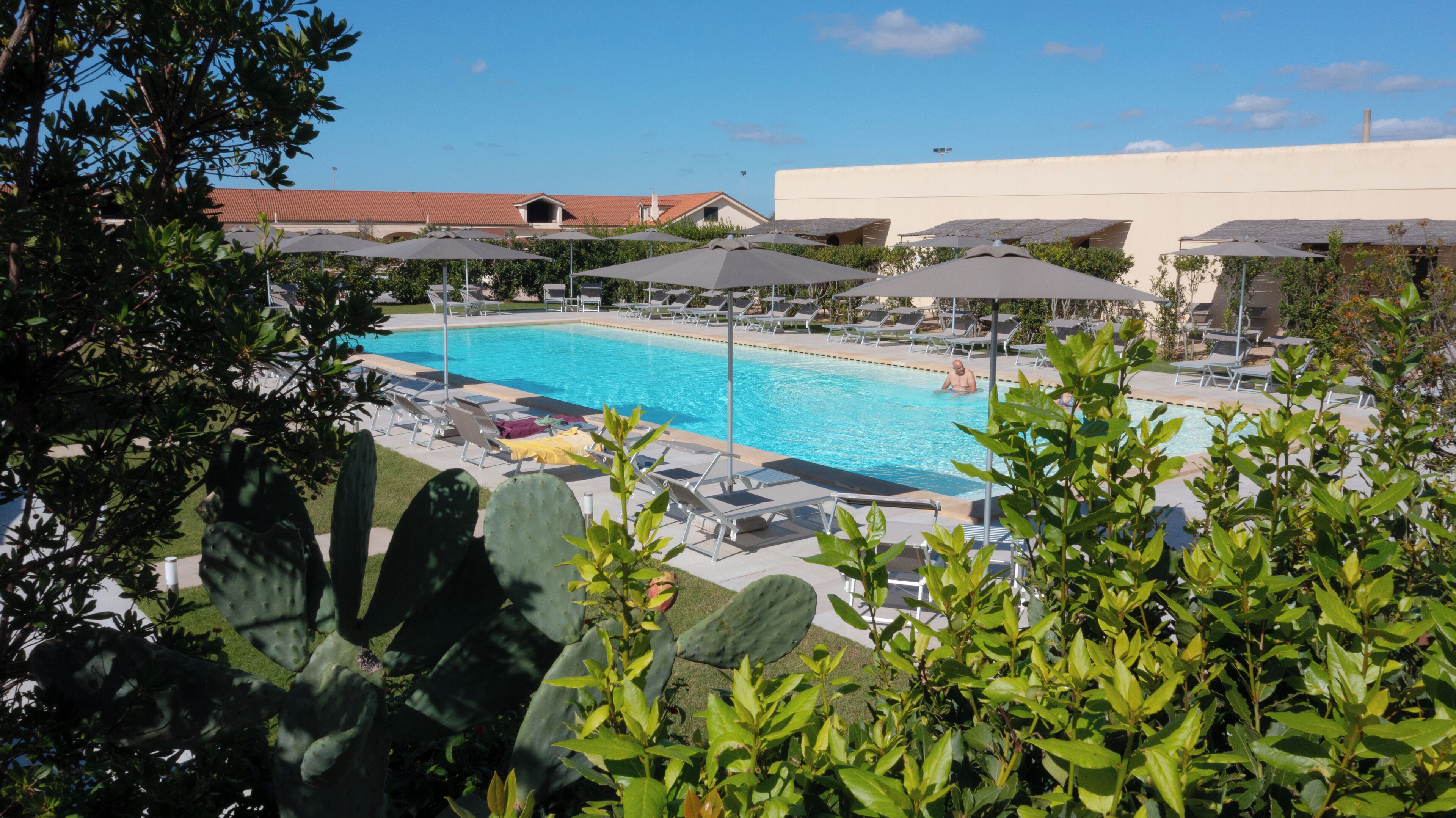 Una piscina con sillas de descanso y sombrillas, rodeada de vegetación y edificios al fondo.