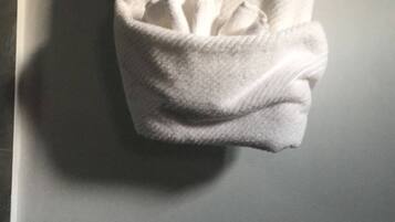 Shower, towels, soap, shampoo