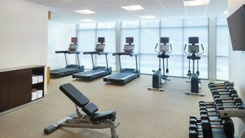 A gym with treadmills, elliptical machines, a bench, and dumbbells.