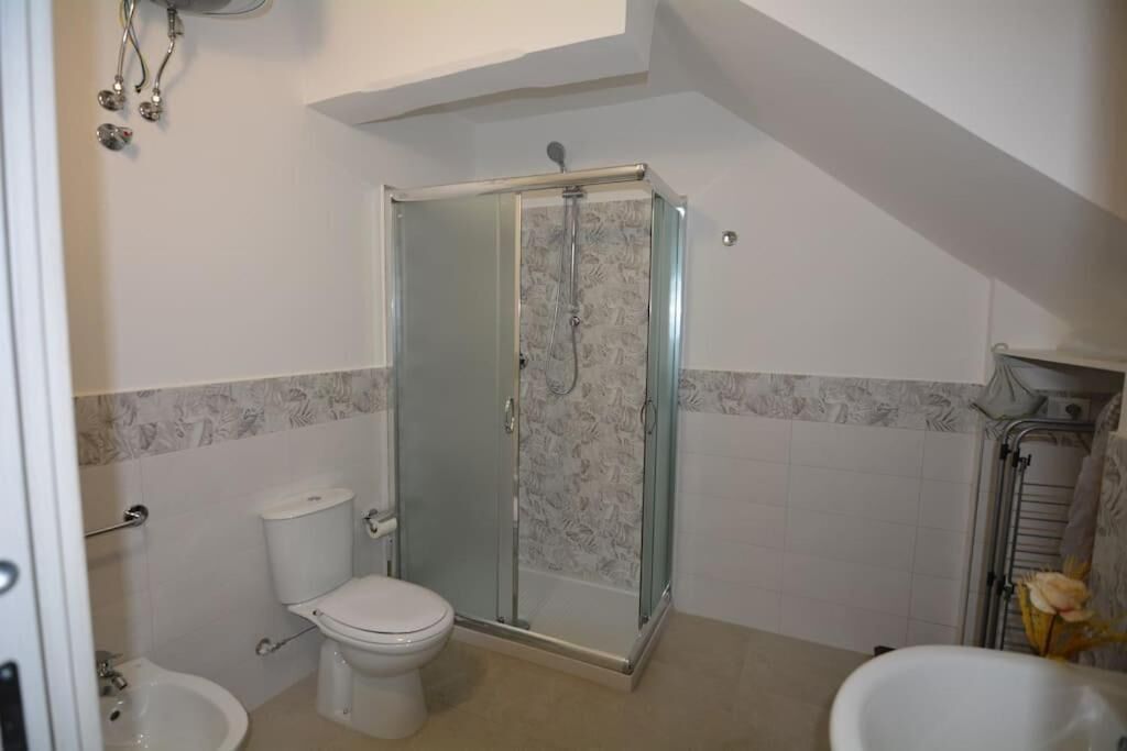 Uma casa de banho com chuveiro em cabine de vidro, sanita e bidé.