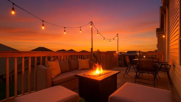 A deck with a fire pit, outdoor seating, and string lights against a sunset backdrop. - 4BDRM Chic Home - King Bed - BBQ - Garage - WiFi (Edmonton)