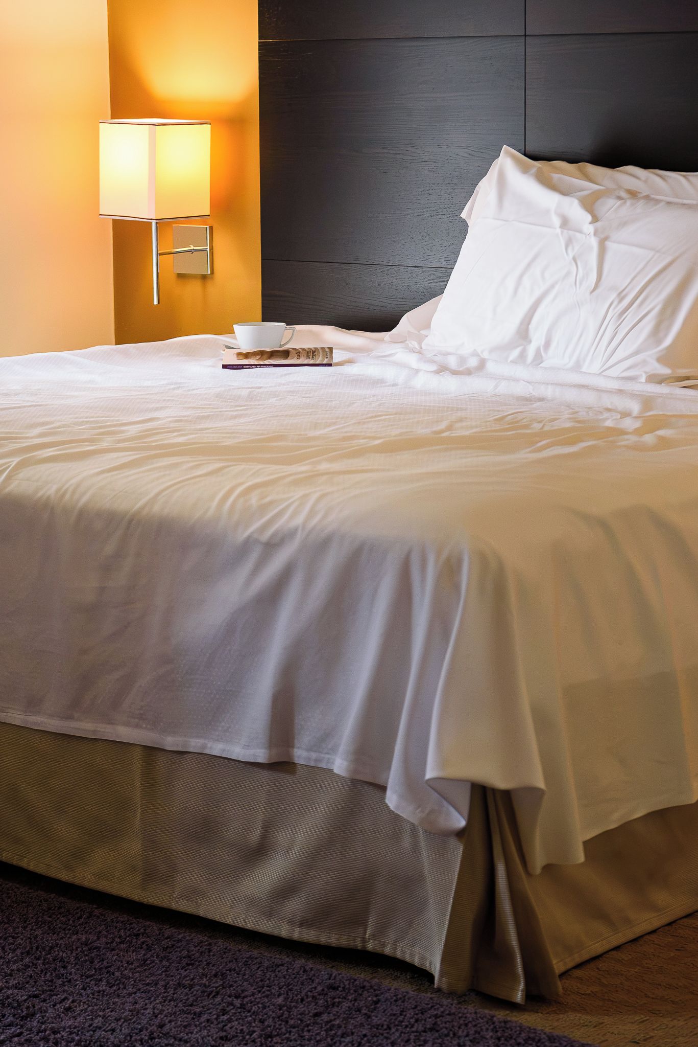 Un letto rifatto con lenzuola bianche, una lampada da comodino e un libro sul letto.