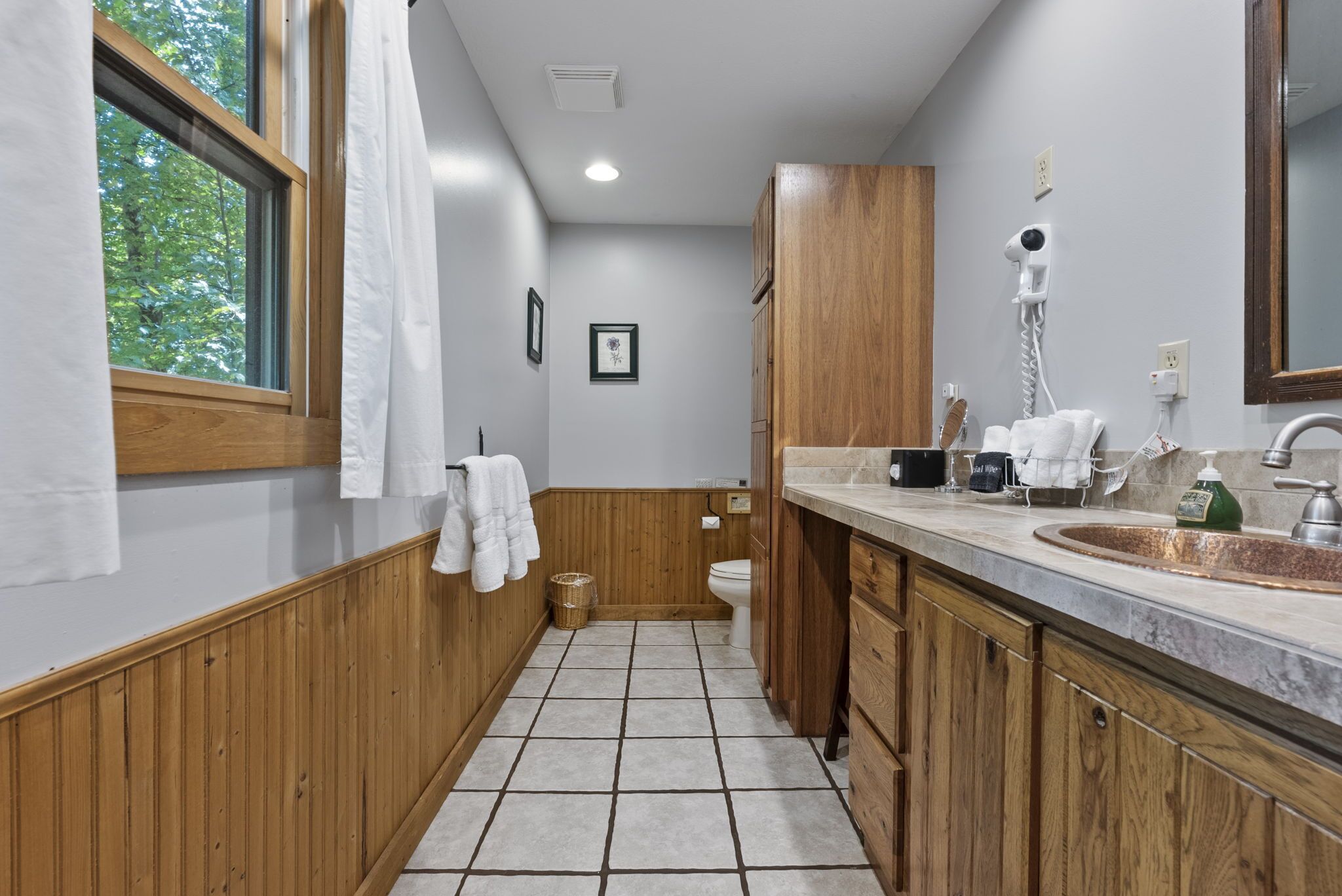 Shower, jetted bath, hair dryer, towels