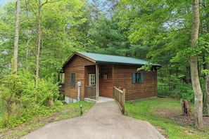 Une cabane en bois avec un toit vert, une véranda et un chemin en béton menant à l’entrée.