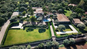 Vista aérea de una propiedad residencial con piscina, un amplio césped y un viñedo.