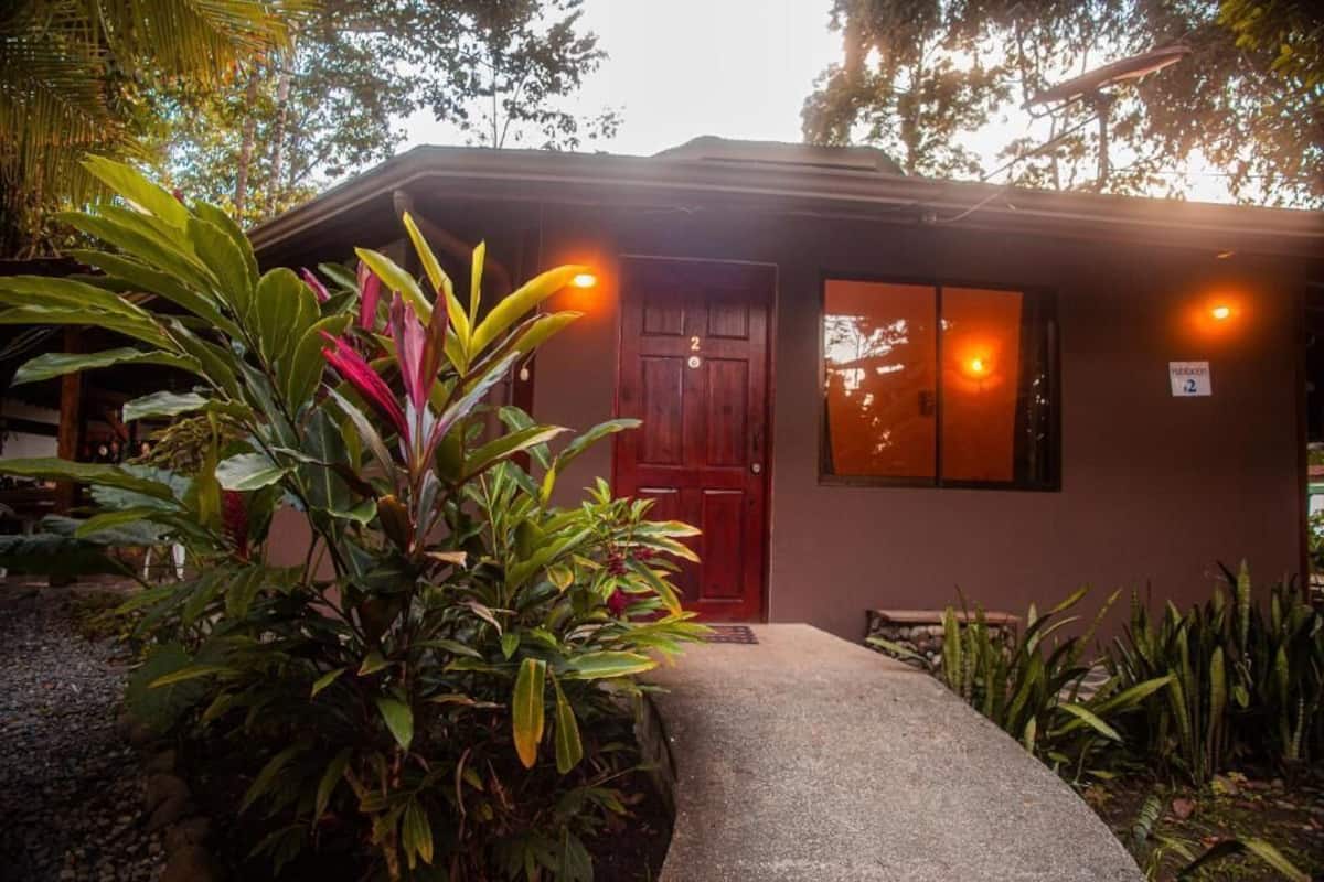 A small building with a red door and two windows, surrounded by tropical plants.