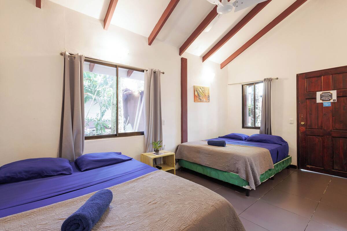 A room with two beds, each with a blue and beige bedspread, a small wooden nightstand with a plant, and a wooden door.