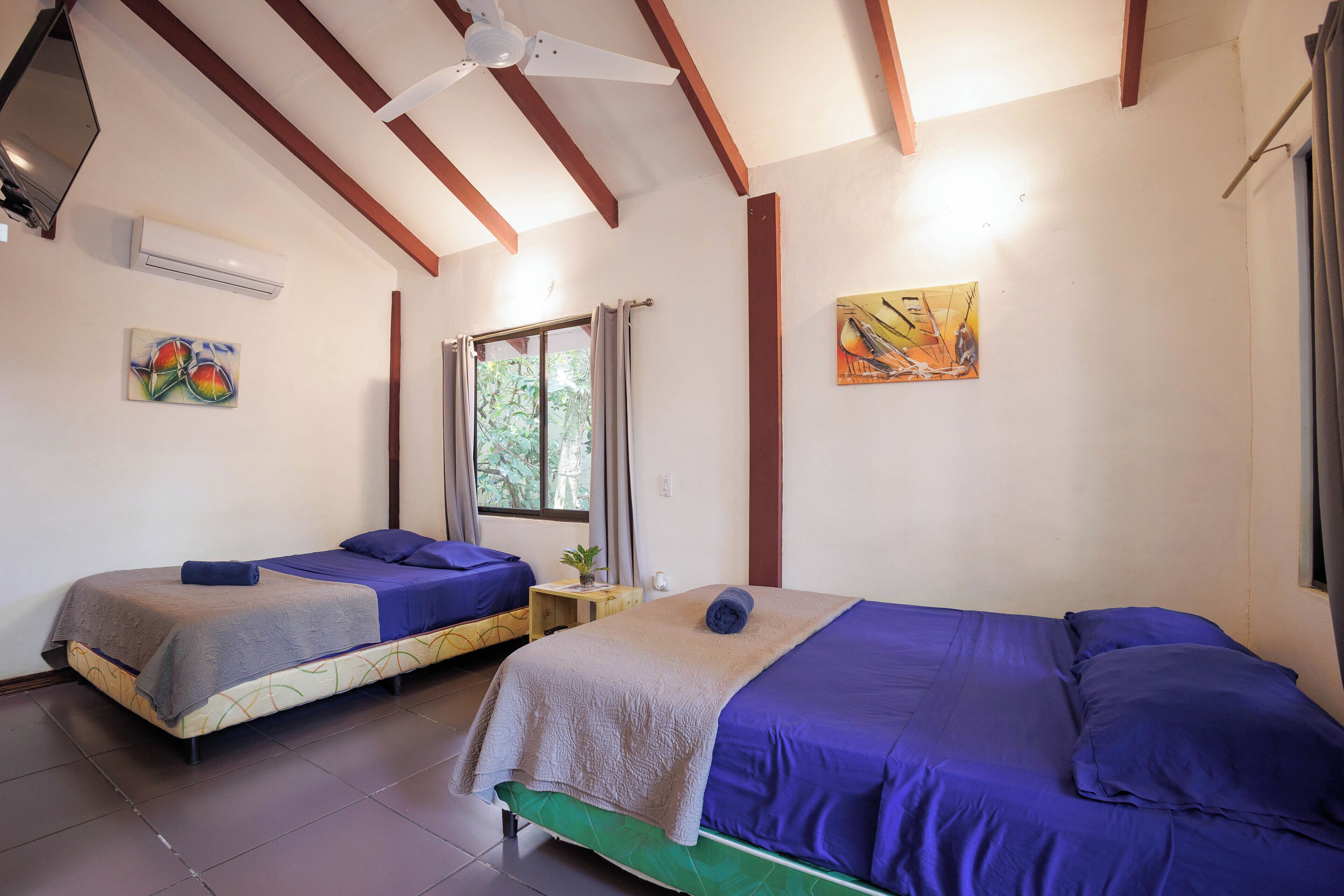 Two single beds with blue bedding, a ceiling fan, and a window with curtains.