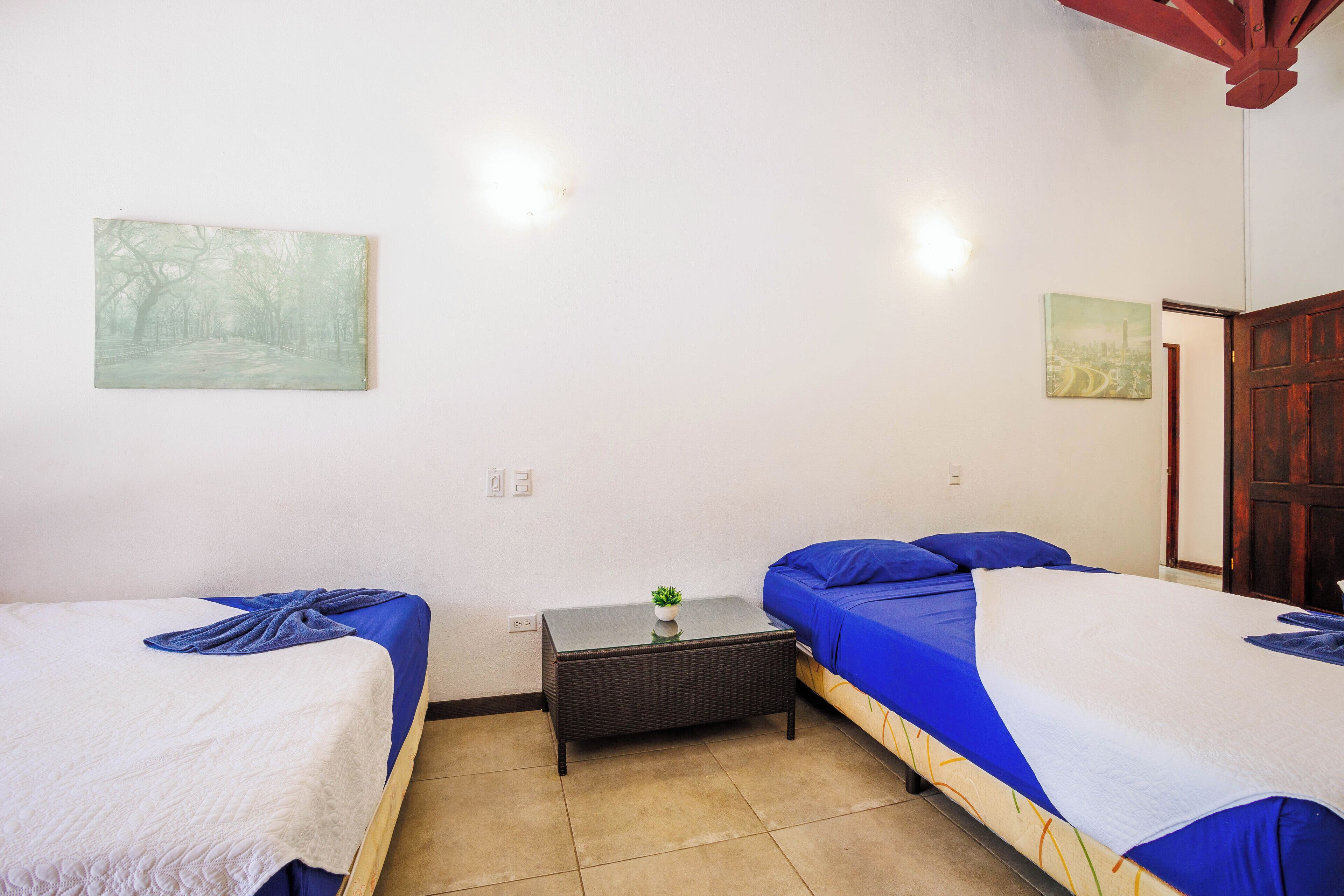 A room with two beds, a small table with a plant, and two wall-mounted paintings.