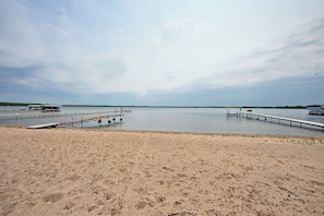 On the beach, sun loungers