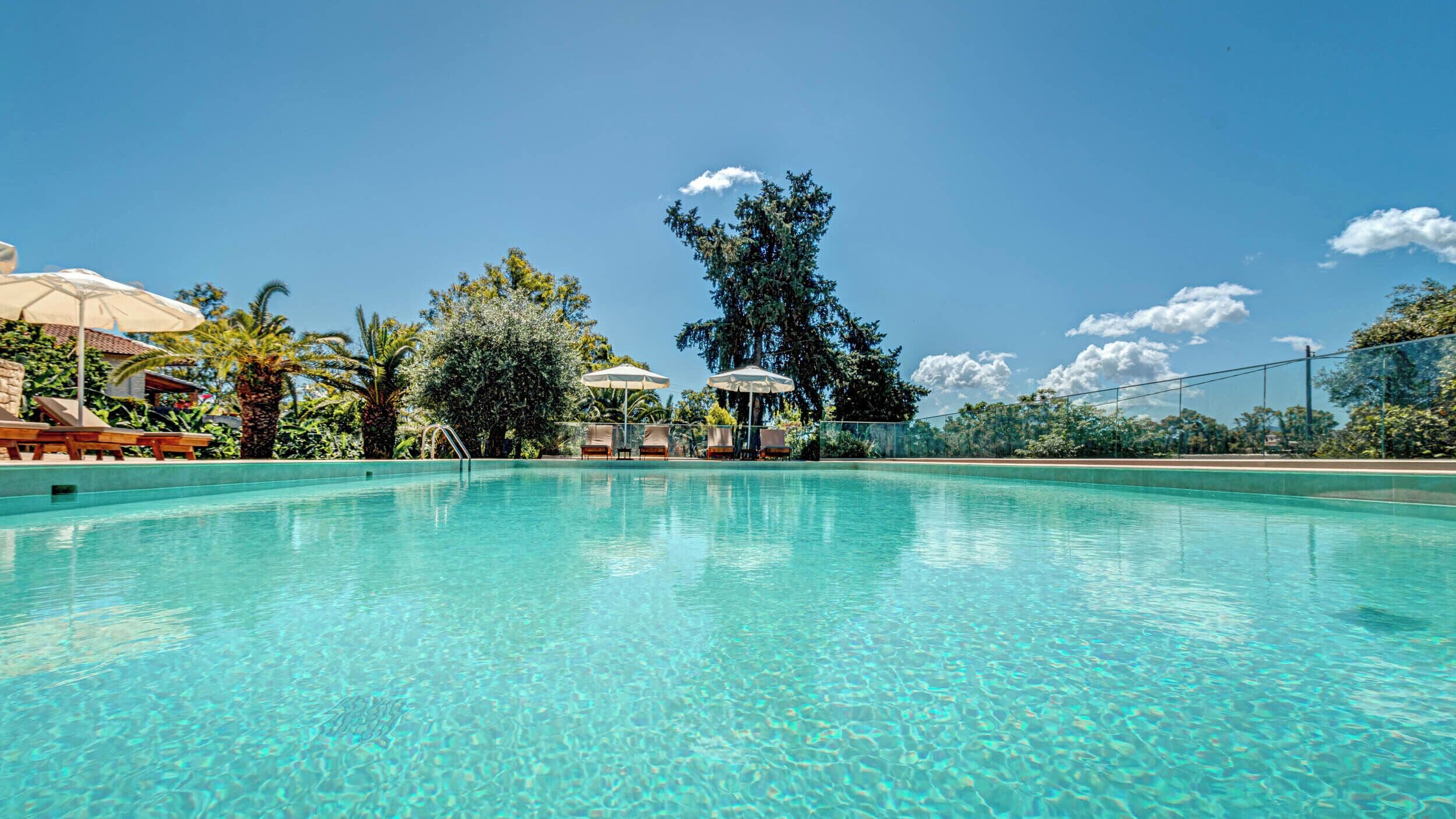 A clear swimming pool with lounge chairs and umbrellas, surrounded by greenery and a clear sky.