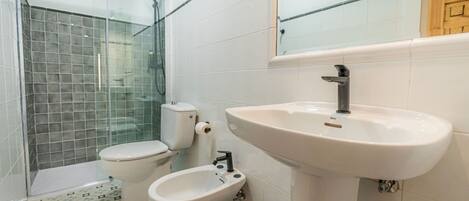 A bathroom with a shower, toilet, bidet, and sink.