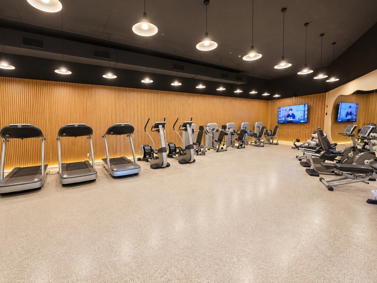 A gym with treadmills, elliptical machines, and stationary bikes arranged in rows.