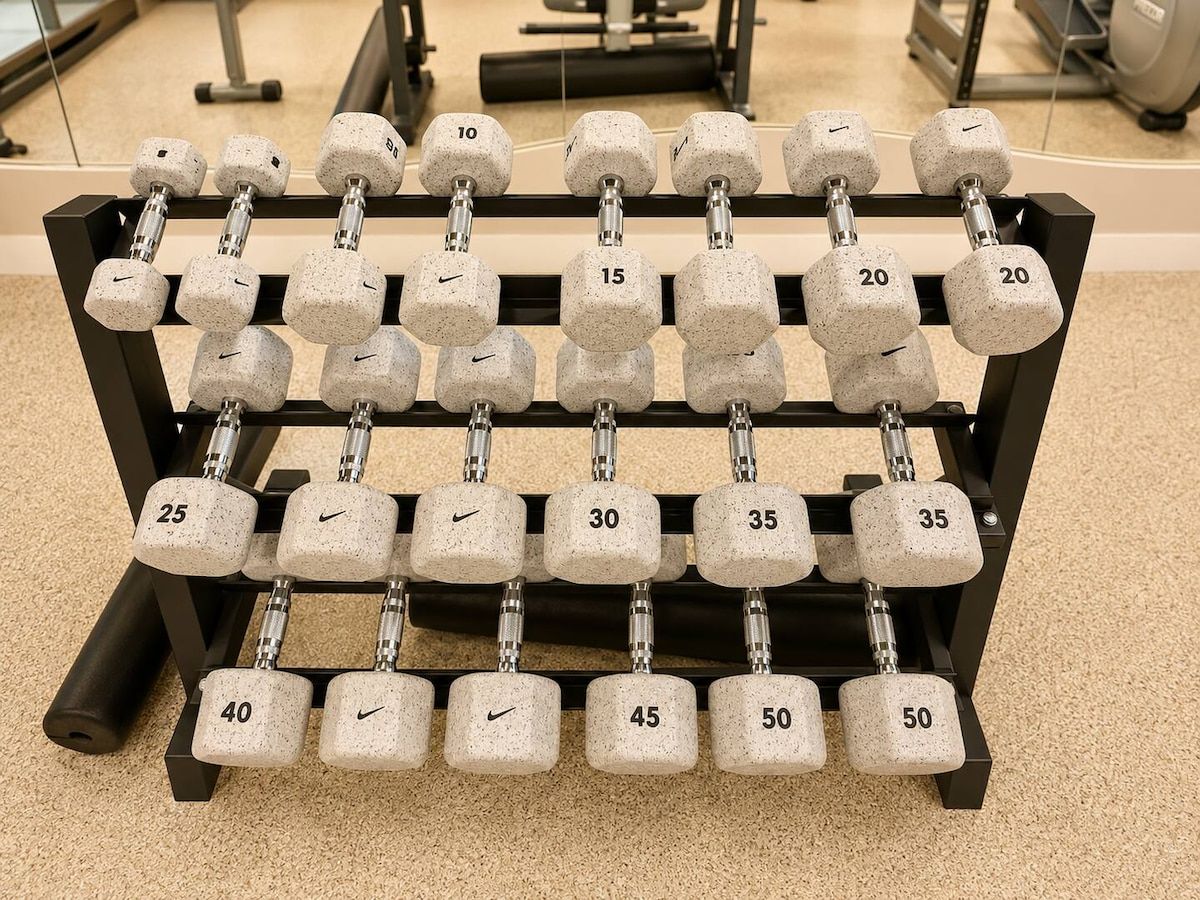 A rack of dumbbells with weights ranging from 10 to 50 pounds.