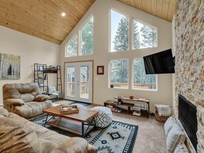 TV, fireplace, books