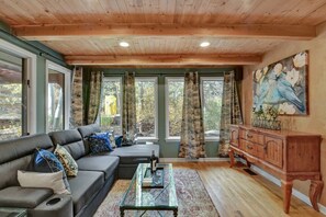 Télévision, cheminée, jeux vidéo, livres